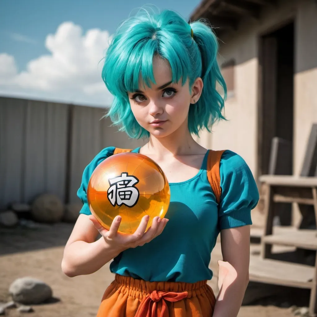 Prompt: dragonball character Bulma if she was 20 years young, looking as if she was photo real. Holding the 4 star dragonball in her hands.