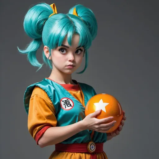 Prompt: dragonball character Bulma if she was 20 years young, looking as if she was photo real. Holding the 4 star dragonball in her hands.