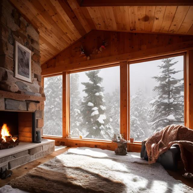 Prompt: inside a cozy living room located in a mountain, winter blizzard outside, no human, big windows, fireplace, firecraking 