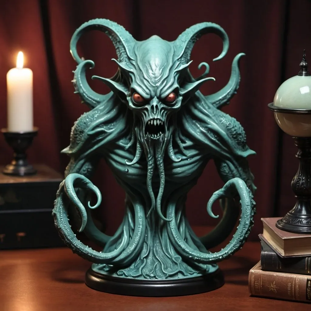 Prompt: Lovecraftian Demonic statue on table