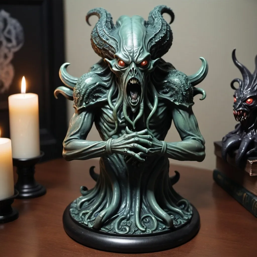 Prompt: Lovecraftian Demonic statue on table