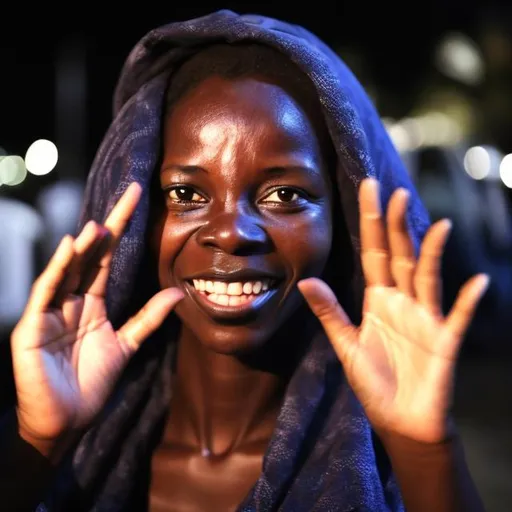 Prompt: Night, frightened African  woman in hood waves iPhone at stranger 