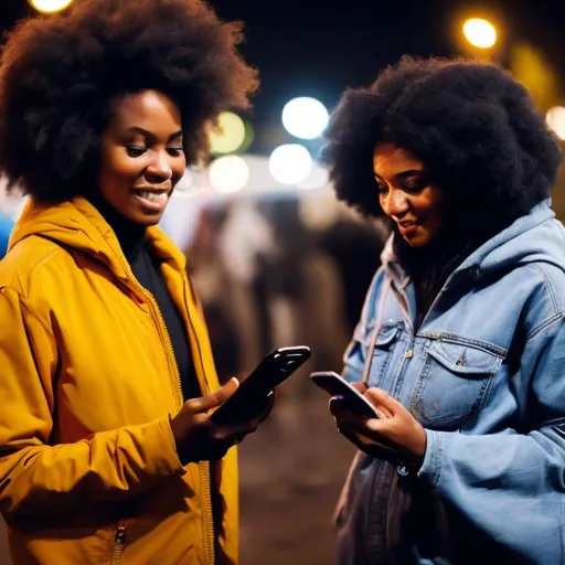 Prompt: Night, African  woman in hood shows iPhone to stranger 