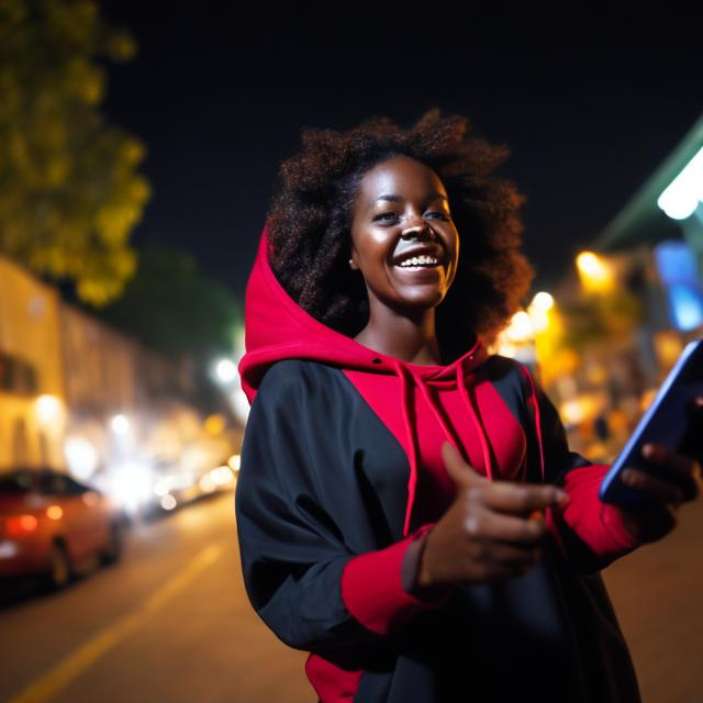 Prompt: Night, African  woman in hood waves iPhone 