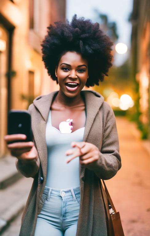 Prompt: Frightened Black woman waving iPhone on dark street