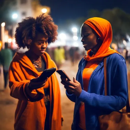 Prompt: Night, African  woman in hood shows iPhone to stranger 