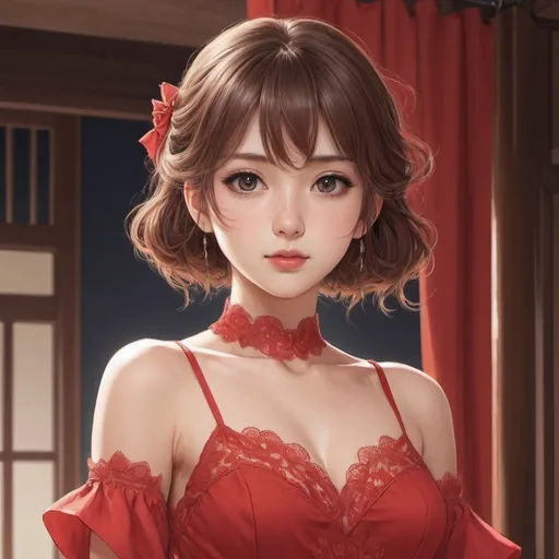 Prompt: A highly detailed anime-style illustration of a beautiful girl wearing a red dress.