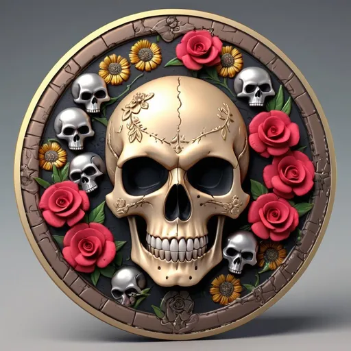 Prompt: 3d coin with skulls and flowers