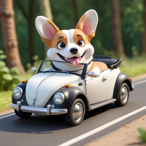 Prompt: 3d black and white corgi driving a volkswagen beetle convertible with the top down
