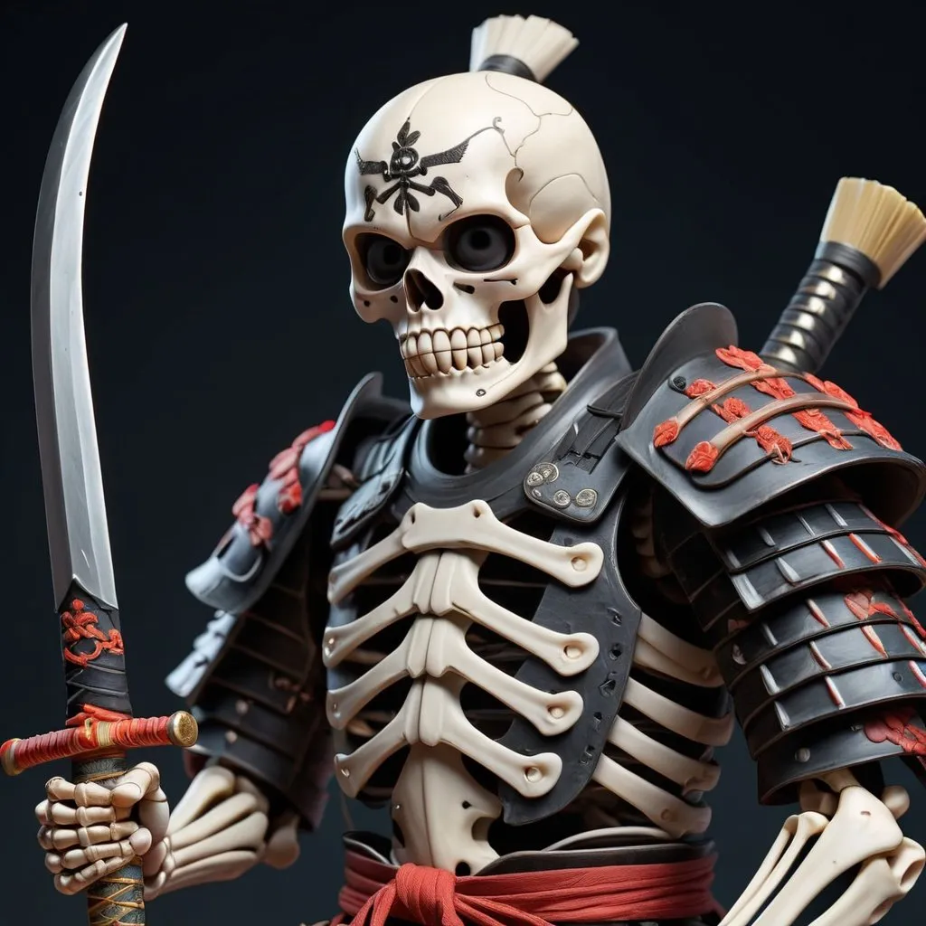 Prompt: young skeleton shogun warrior with a sword in his hand and arrows in his back