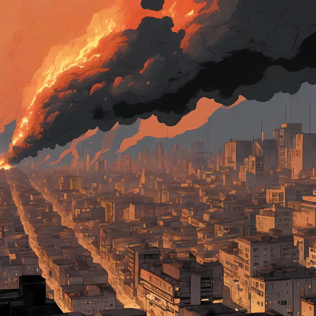 Prompt: A large city on fire.