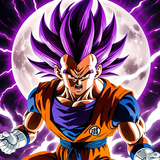 Prompt: Dragon Ball (Vegeta, Super Saiyan 4), (surrounded by a vibrant purple lightning vortex), tips of hair illuminated in vivid purple hues, (Majin symbol prominently displayed on forehead), the moon rising dramatically in the backdrop above the eye of the storm, (intense energy atmosphere), high-detail, dynamic pose, engaging composition, ultra-detailed, cinematic lighting, powerful and electrifying ambiance art. Dressed in Saiyan armore