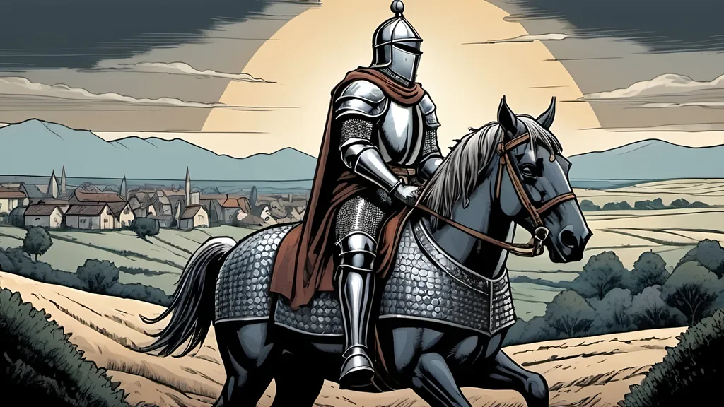 Prompt: 
10th century Knight on a horse traveling to a town visible on the horizon, chainmail armor only,detailed, dark colors, dramatic, graphic novel illustration, 2d shaded retro comic book