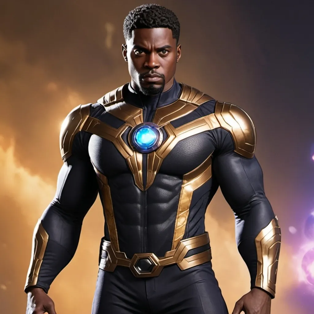 Prompt: Create a new age image of superhero from like those in marvel comics with a new designed helmet and new large weapons in hand and the infinity stones. make him as a black man in a new design and cloths from the 31st century.