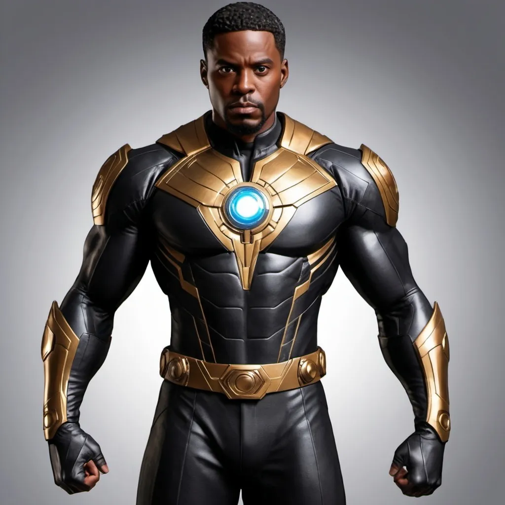 Prompt: Create a new age image of superhero from like those in marvel comics with a new designed helmet and new large weapons in hand and the infinity stones. make him as a black man in a new design and cloths from the 31st century.