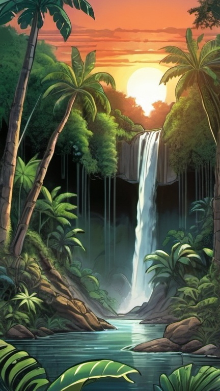 Prompt: Tropical jungle river with a waterfall in the center, Dave Gibbons style, sunset