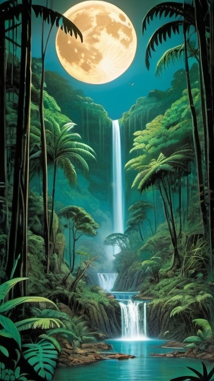 Prompt: Tropical rainforest with rivers and waterfalls in the middle, Dave Gibbons style, large moon illuminating nature 