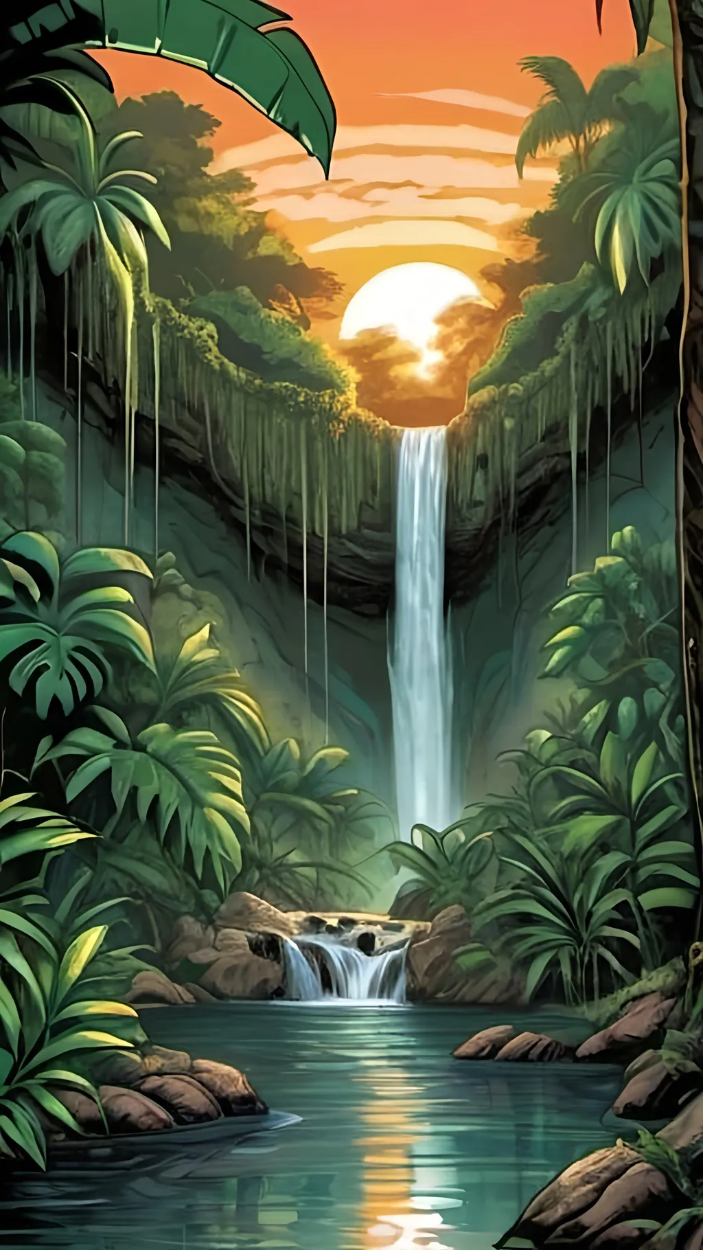 Prompt: Tropical jungle river with a waterfall in the center, Dave Gibbons style, sunset