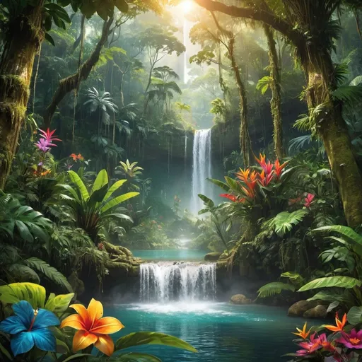 Prompt: A stunning and vibrant photo of the Amazon rainforest. A little sunlight filtering through the lush canopy, A serene waterfall flowing into a clear river, surrounded by various types of colorful flowers like paradise. The overall atmosphere of this illustration evokes a sense of awe, harmony, and reverence for the natural environment. 