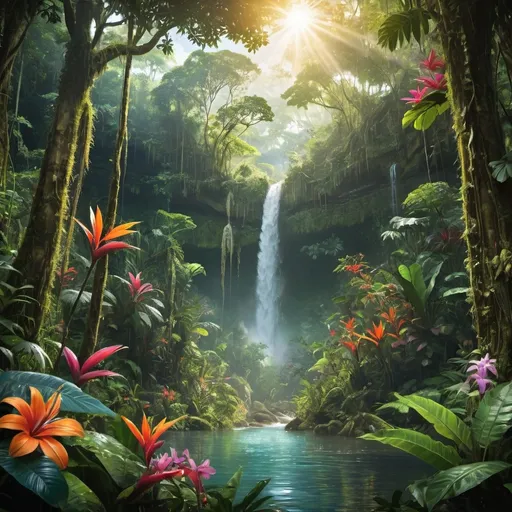 Prompt: A stunning and vibrant photo of the Amazon rainforest. A little sunlight filtering through the lush canopy, A serene waterfall flowing into a clear river, surrounded by various types of colorful flowers like paradise. The overall atmosphere of this illustration evokes a sense of awe, harmony, and reverence for the natural environment. 