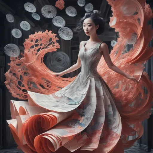 Prompt: a woman in a dress made out of paper, swirling magical energy, john stephens, art on instagram, by Sarah Louisa Kilpack, adobe, the sorcerer's doll, connectedness, inspired by Zhang Shuqi, twirling, biomechanical corals, the art of books, pencil style, girl in love, suki, chrome art