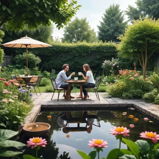 Prompt: Realistic photo of enjoying coffee together in the cool backyard, on the edge of a garden full of flowers, there is a fish pond. Looks cool and refreshing. 