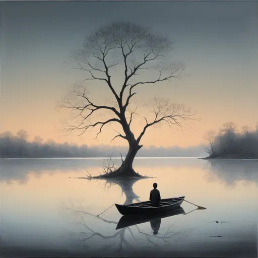 Prompt: A striking, minimalist landscape painting featuring a leafless tree with elegant, spindly branches, silhouetted against a serene sky. To the right of the tree, a small rowboat glides across a calm, reflective body of water, casting a subtle, mirrored image. A solitary figure is seated in the boat, their form shrouded in mystery. The overall atmosphere of the scene is tranquil and contemplative, with a delicate balance of light and shadow.