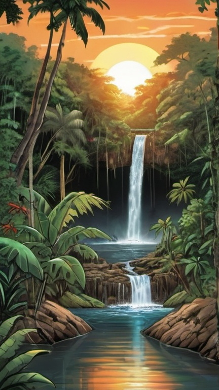 Prompt: Tropical jungle river with a waterfall in the center, Dave Gibbons style, sunset