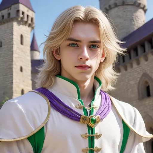 Prompt: a blond haired teenage boy with big green eyes and long hair standing in front of a medival castle, blond eyebrows, royal white soft cute outfit with purple strings from his shouldes to his chest connected to a little green eye with golden outlet, Du Jin, sots art, rossdraws global illumination, a character portrait