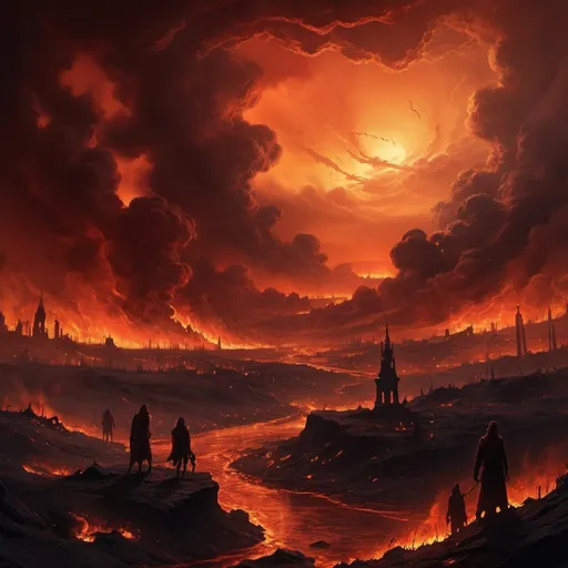 Prompt: A world on fire where demon's walk around