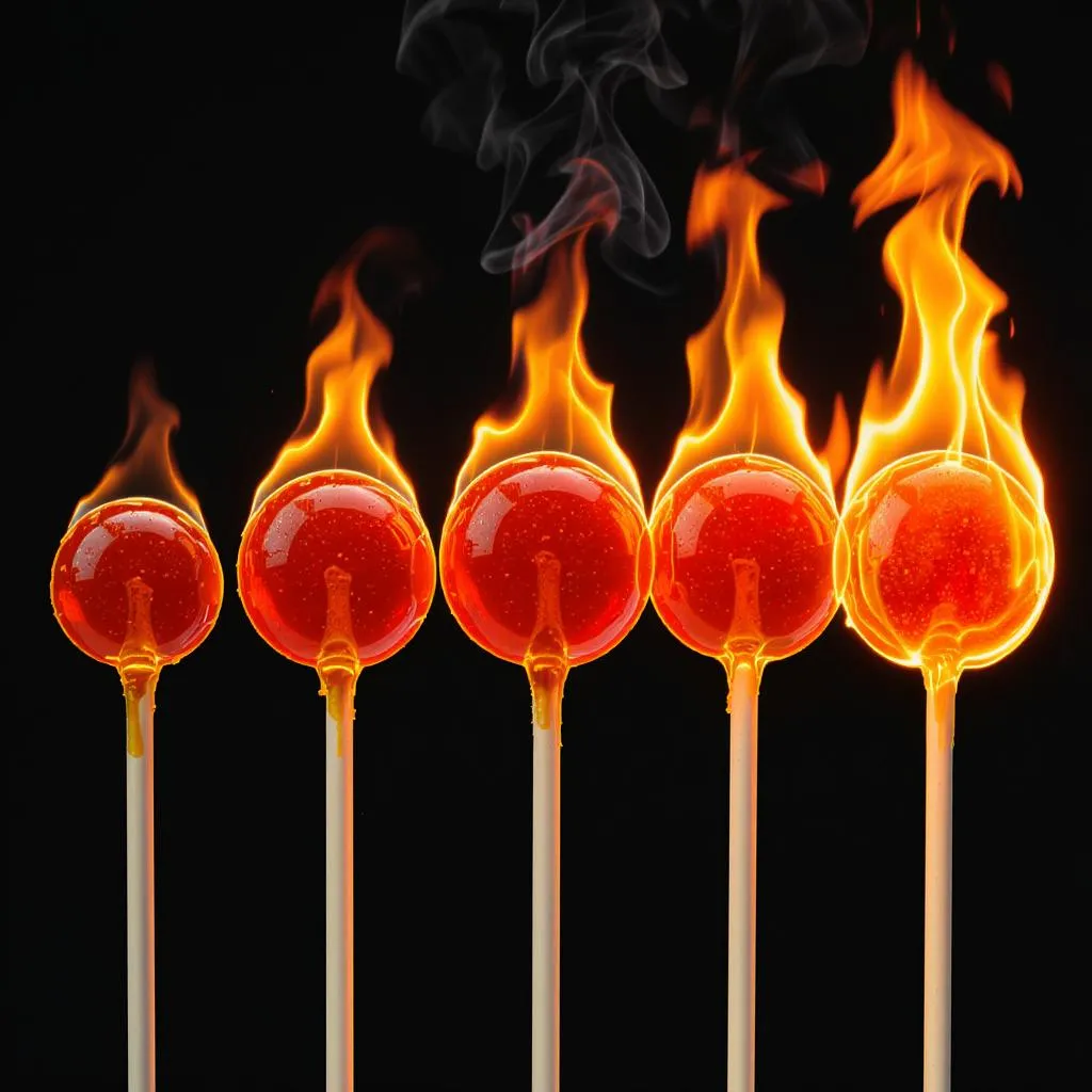 Prompt: Hot honey lollipops Show 5 round lollipops all same size and color of dark honey, all solid color,no circles show flames on lollipops,starting on left with small flames to right large flames 