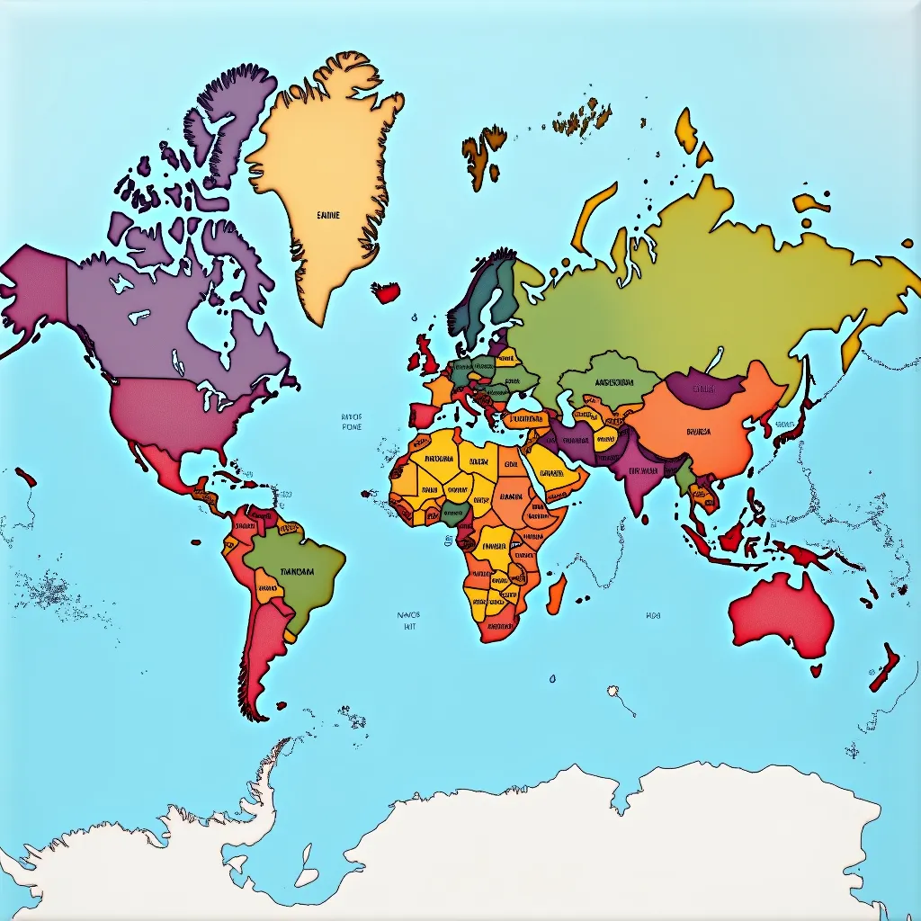 Prompt: Create map of the world  with the names in English, water  in blue color,land in different color.

