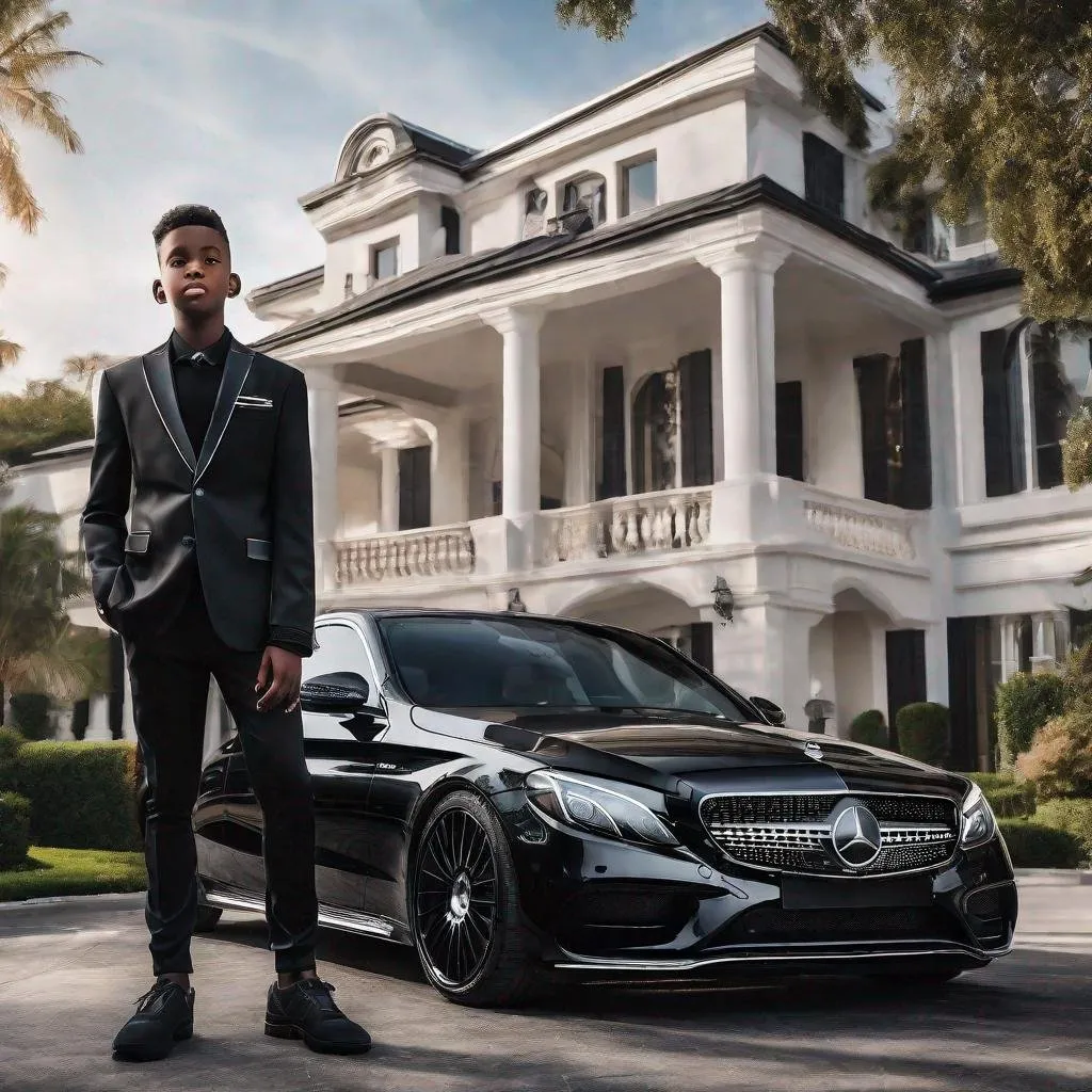 Prompt: Black multimillionaire 13-year-old standing in front of huge mansion, wrapped Mercedes Benz C43, trader, high-res, realistic, detailed mansion and car, modern luxury, confident expression, professional attire, wealthy lifestyle, luxurious tones, daytime lighting