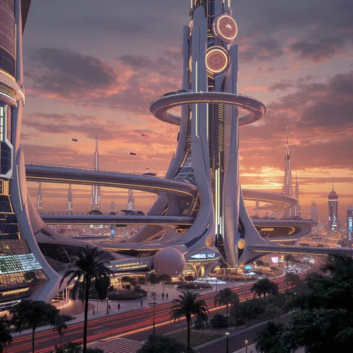 Prompt: “A futuristic city hub with glowing soft orange, gold, and amber sunset tones, advanced sci-fi architecture with orbs and energy cores, suspended transport lines weaving through a tall elegant structure, a twilight sky with flying vehicles, atmospheric lighting, palm trees along the roads, peaceful and cinematic”