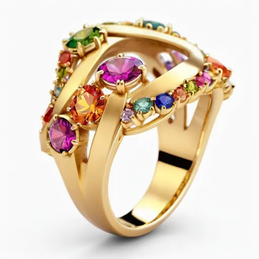 Prompt: (realism style), delicate golden ring, (thin shank), adorned with multiple colorful gemstones, radiant and vibrant colors, high quality detail, showcasing the elegance of the stones, soft lighting accentuating the metallic sheen, set against a blurred neutral background for emphasis.