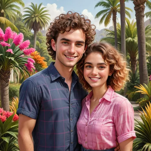 Prompt: A young couple stands closely together in a vibrant outdoor setting filled with lush greenery, characterized by tall palm trees and colorful flowers that punctuate the background. The man, with short, curly hair and a slight smile, dons a navy blue shirt with a checkered pattern, while the woman next to him beams with joy, wrapped in a bright pink scarf over a light outfit adorned with subtle embellishments. Their expressions, radiating happiness, suggest a moment of shared affection and camaraderie. The sunny ambiance highlights the warm tones of their clothing and the surrounding foliage, creating an inviting, cheerful atmosphere. This scene captures a beautiful interaction amidst nature's tranquility, evoking warmth and positivity.