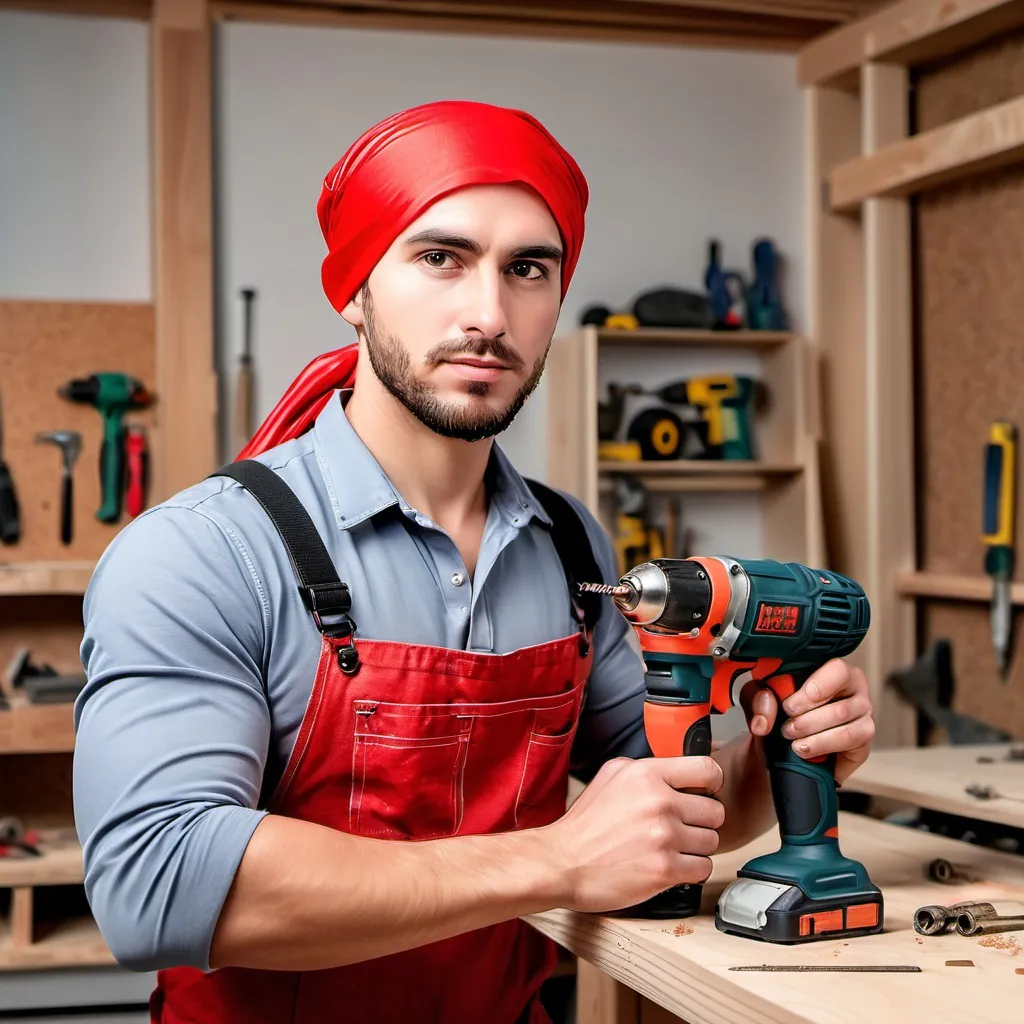 Prompt: handsome man with a red cloth head covering, with work tools in hand, a drill machine, and carpentry tools