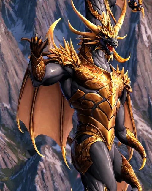 Prompt: Dragon king with power of titans ond the horns are the source of power.Must be a 3D anime with a background of mountains.Have humanoid body and face