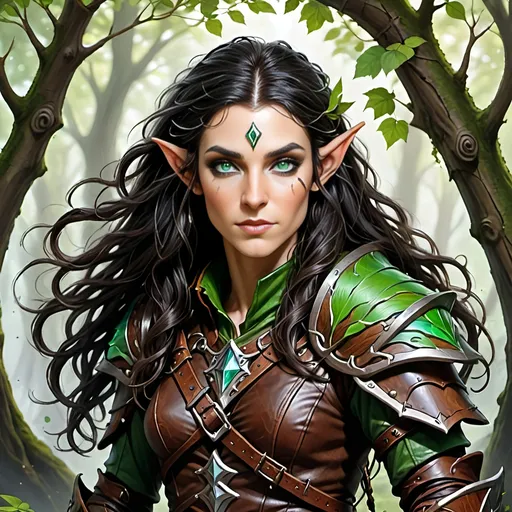 Prompt: Wood-elf, Druid with long wavy black hair, vibrant green eyes wearing leather armour with clothes.