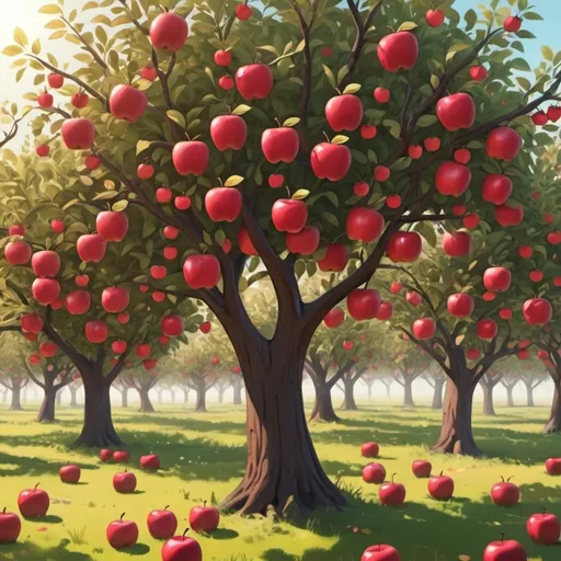 Prompt: 2D animated whimsical orchard with red apples in the trees and sun at the background 