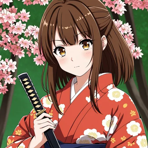 Prompt: Anime girl in kimono with tanto and brown hair 