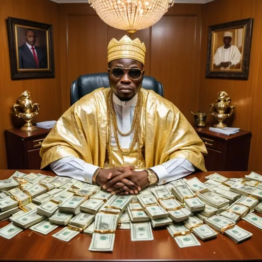 Prompt: evil Nigerian scammer in a room full of money dressed in traditinal attire with gold
