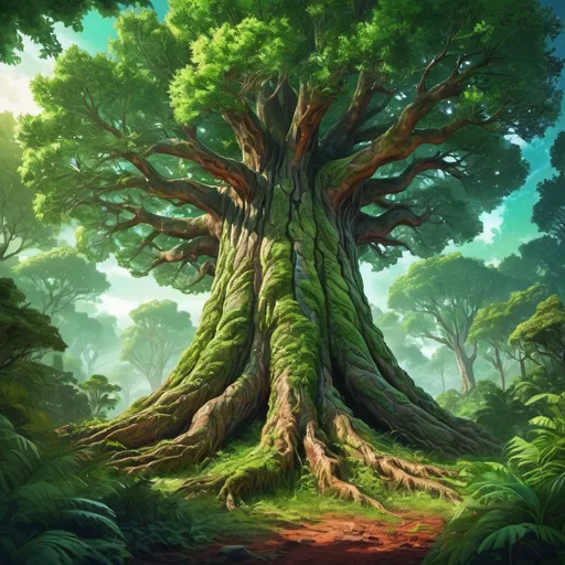 Prompt: Vibrant digital art of a colossal tree on planet Earth, rich green foliage, massive trunk with intricate textures, serene atmosphere, high quality, digital painting, lush green, planetary size, detailed bark, peaceful, vibrant lighting