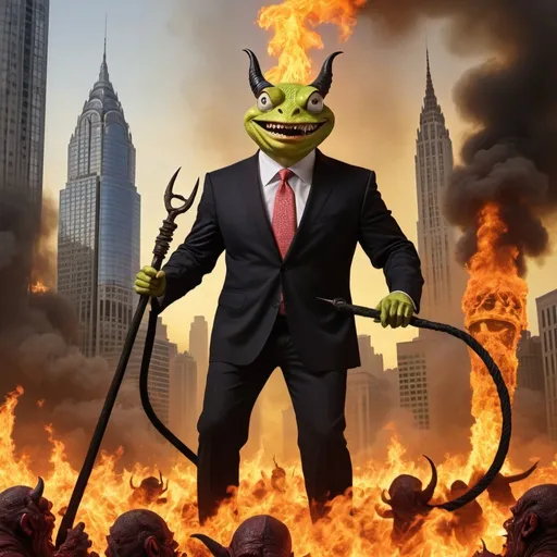 Prompt: GEICO CEO Todd Combs as a satan-like figure with a Gecko head, holding a pitchfork in one hand, and a bullwhip in the other, standing and laughing over hordes of demon/minion/employees.  THe background is the flames of hell, with some skyscrapers representing a corporate hellscape of late-state capatalism
