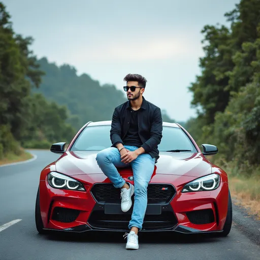Prompt: A young man with stylish sunglasses confidently perches on the hood of a sleek, red modified car, displaying an air of casual coolness. He wears a black jacket and light blue jeans, complemented by white sneakers, while his relaxed demeanor suggests he's enjoying a leisurely moment in an outdoor setting. The scene unfolds near a winding road, framed by lush green foliage and a slightly overcast sky, hinting at a tranquil afternoon. The car, with its eye-catching design and sporty features, stands out against the muted backdrop, creating a vibrant contrast. Overall, the image conveys a sense of adventure and a passion for automotive culture, infusing the scene with youthful energy.