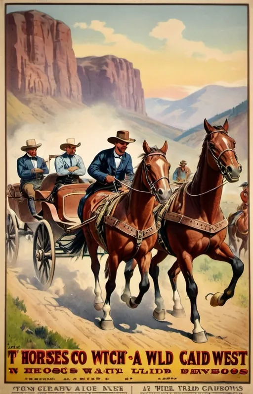 Prompt: Poster from 1890 for a horse coach race in the wild west with cowboys