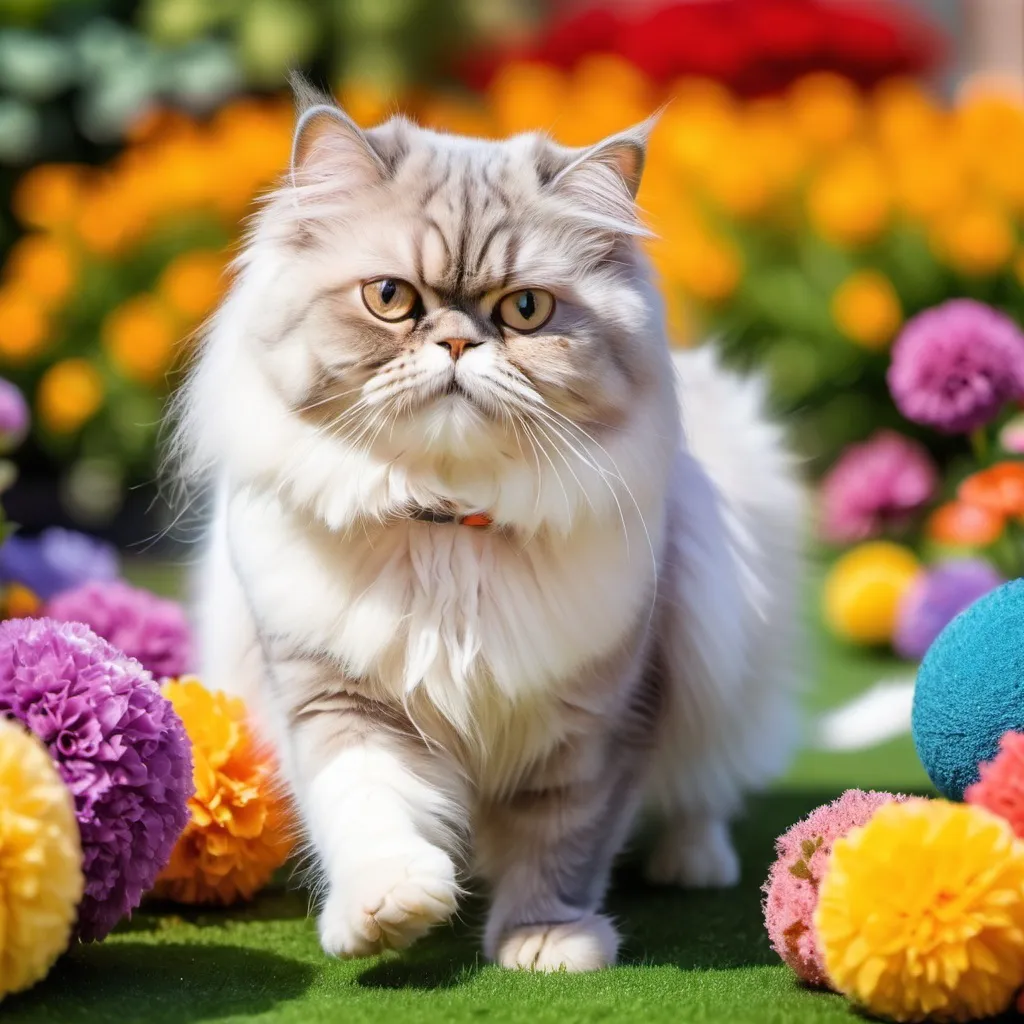 Prompt: A beautiful Persian cat playing with ball in a color flowers garden .