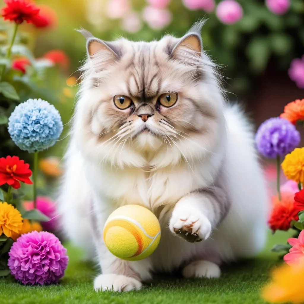 Prompt: A beautiful Persian cat playing with ball in a color flowers garden .