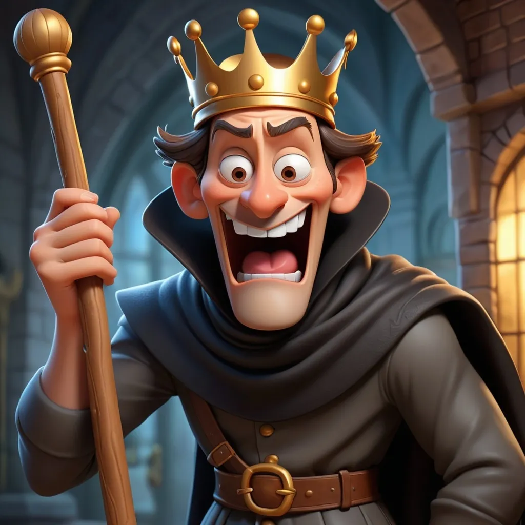 Prompt: Create 3d cartoon characters of this 

"The thief, surprised, asked, "But how did you know, Your Majesty?" The king smiled and said, "Out of fear, you cut your stick by an inch at night, thinking it would grow. But there was no magic stick; it was just a trick to catch the thief."