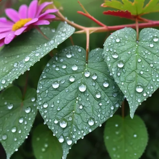 Prompt: Beautiful leaves and flowers in gardens having dew drops on it